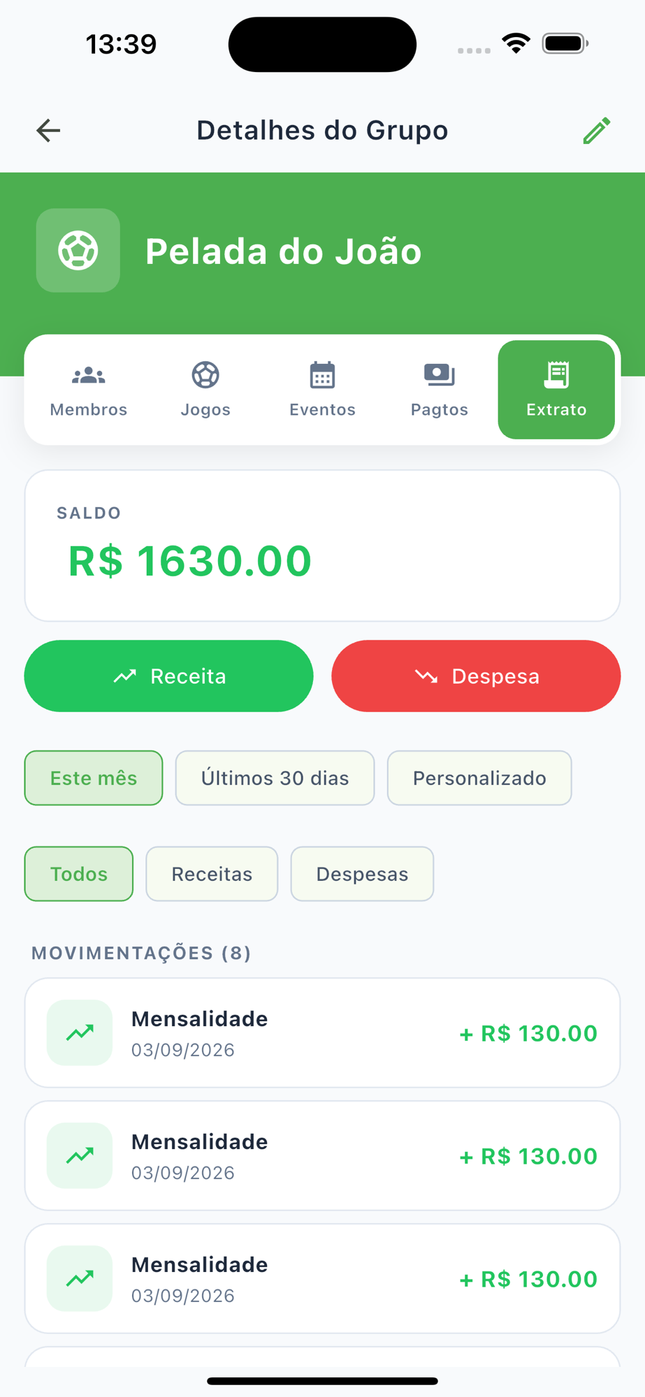 Extrato do grupo com saldo, movimentações e filtros no Peladeiros