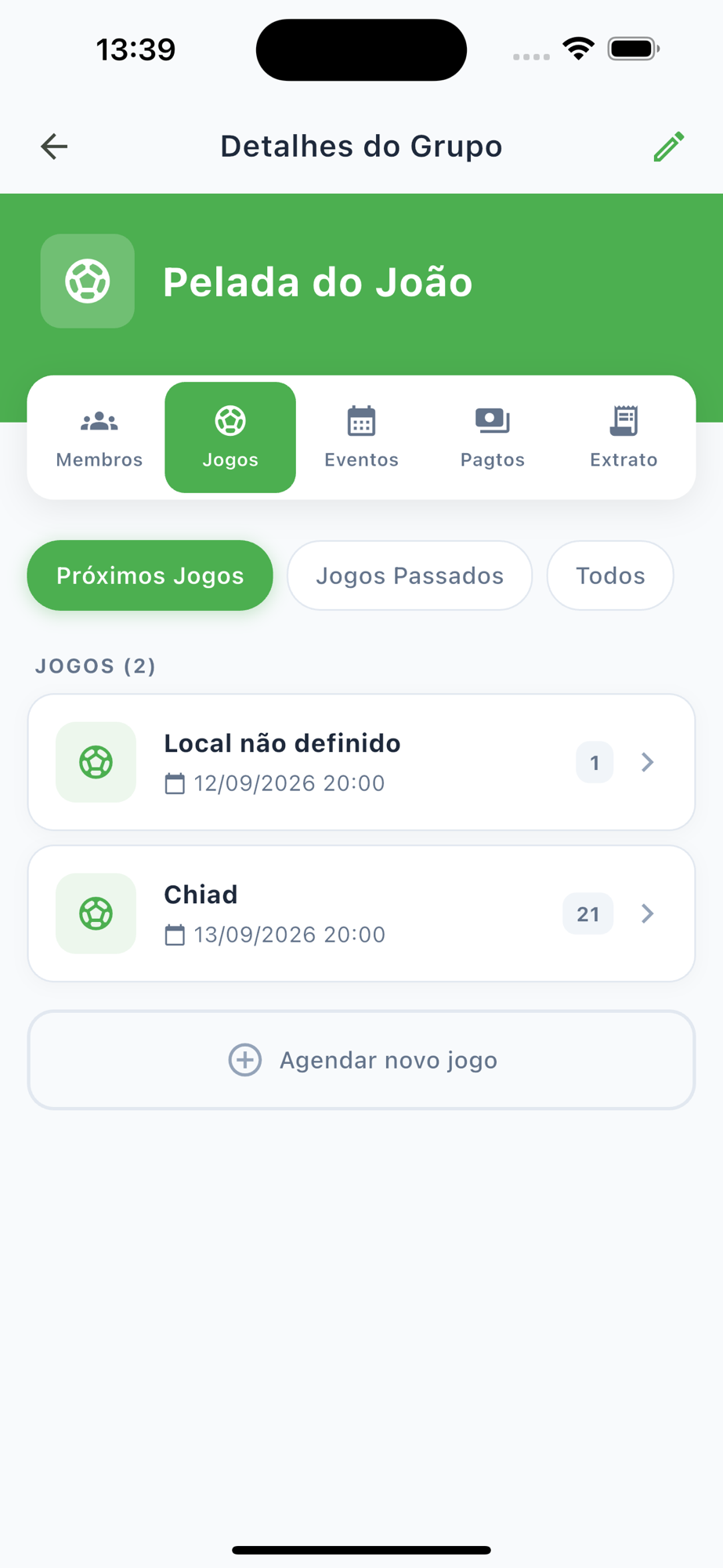 Lista de jogos agendados no Peladeiros